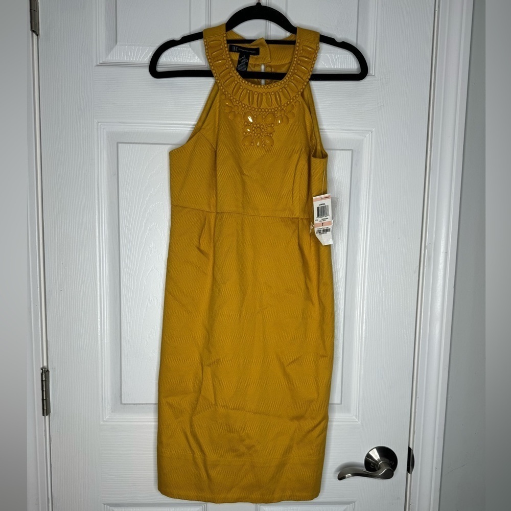 I.N.C. | INTERNATIONAL CONCEPTS NWT Mustard Beaded Neckline Sheath Dress Size‎ 2